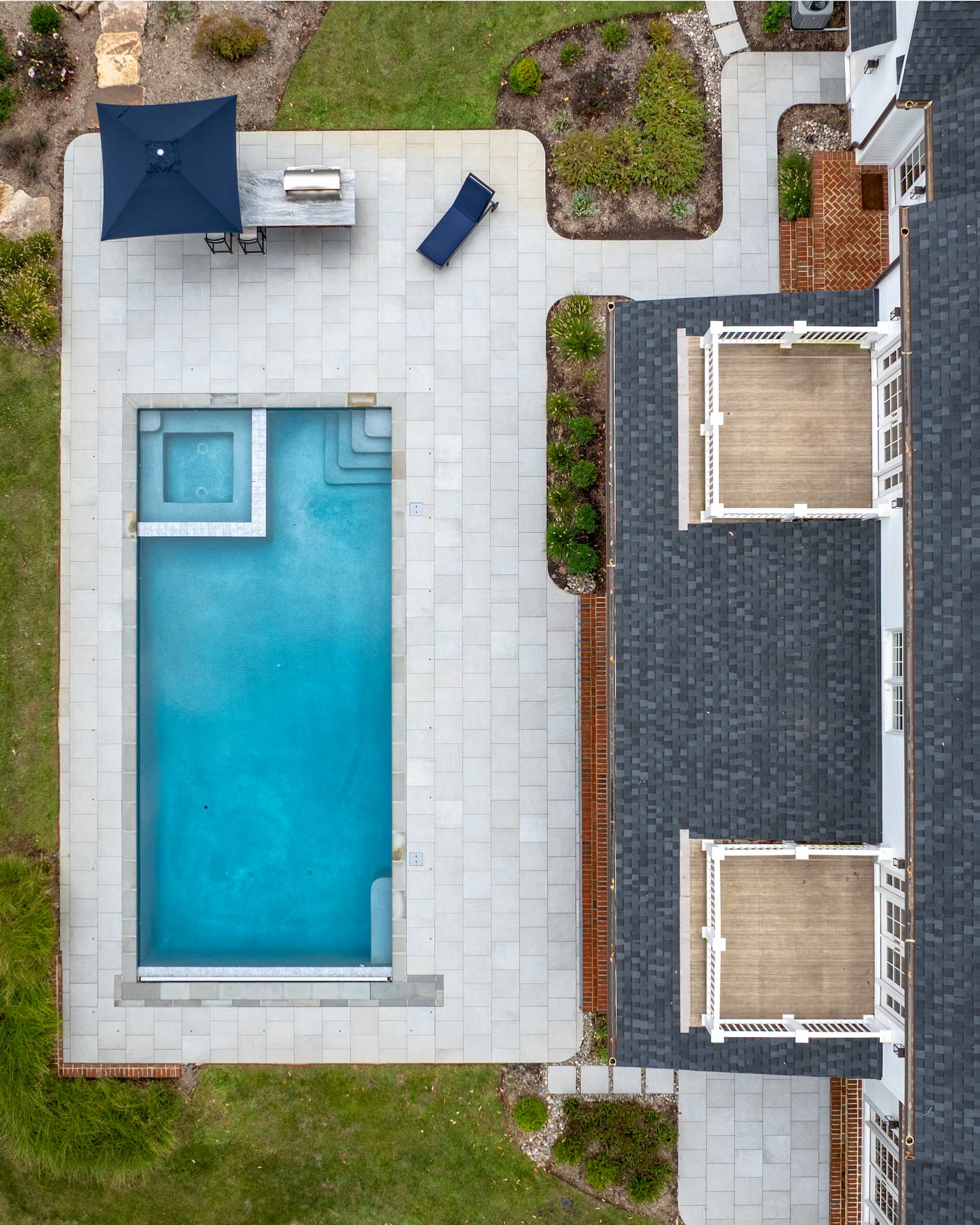 p348-aerial-3 aerial view of pool, spa and outdoor kitchen