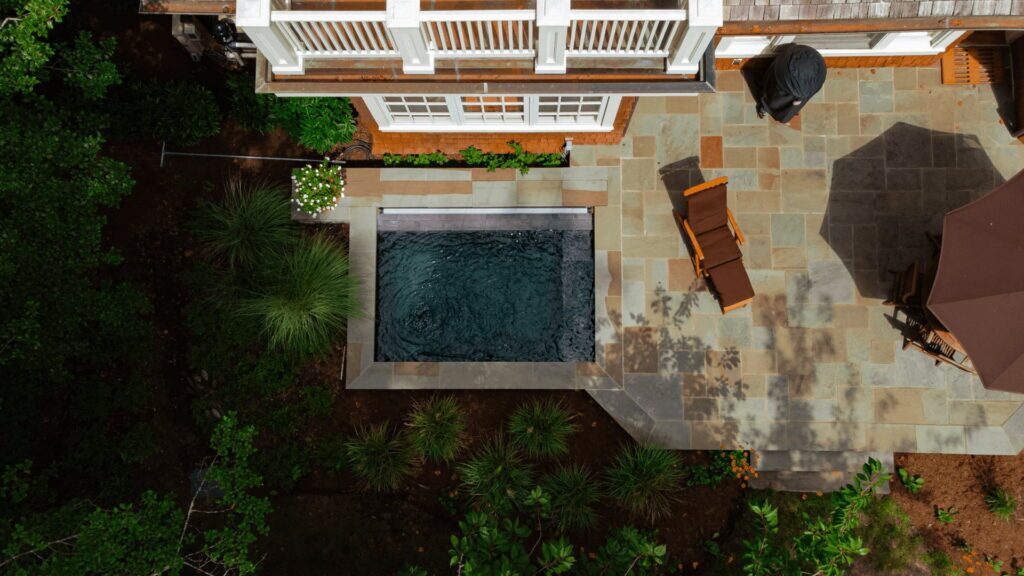 aerial view of backyard plunge pool