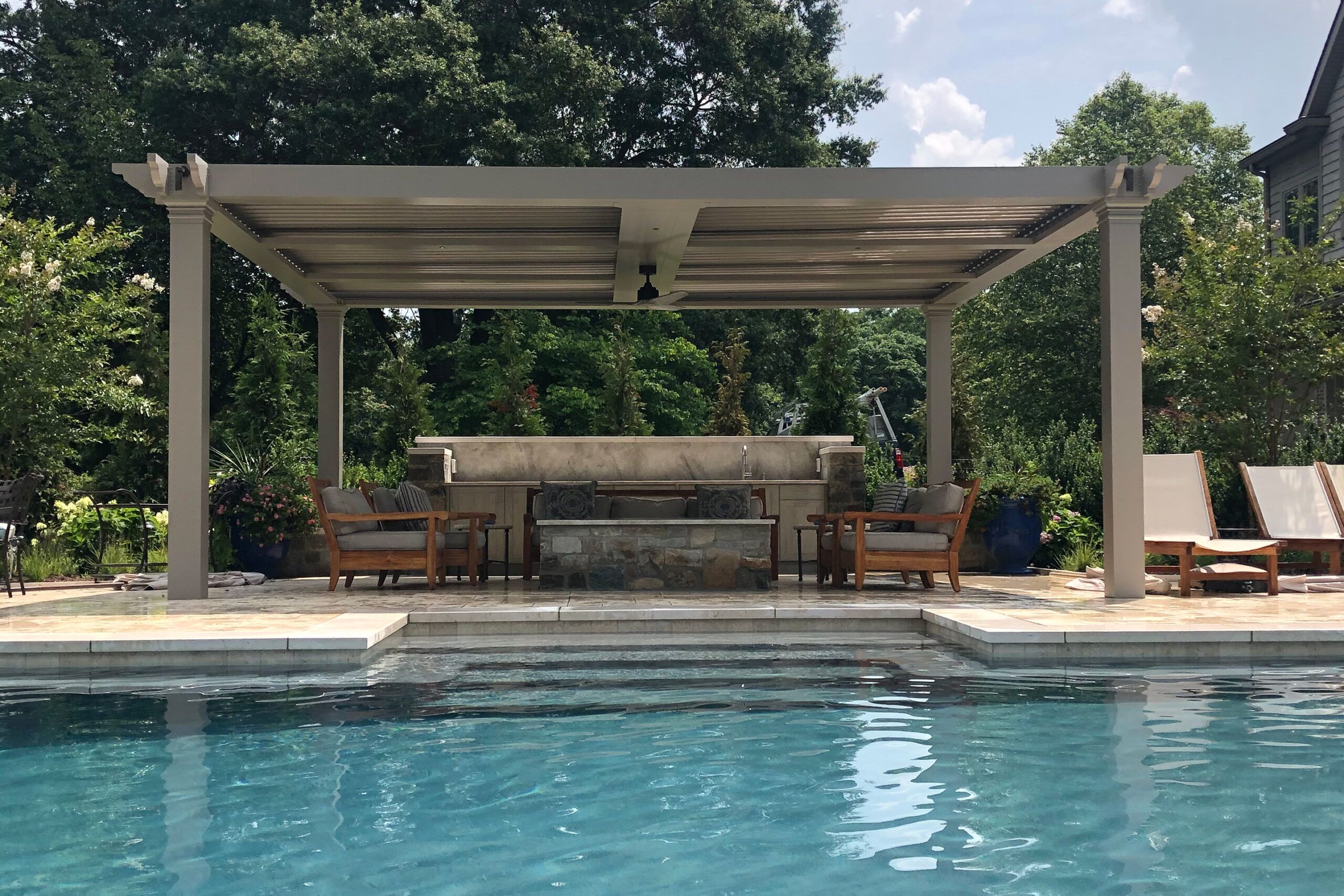 pool with outdoor wet bar and fire pit